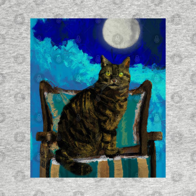 Cat on chair in moonlight, tabby cat painting by LollysLane